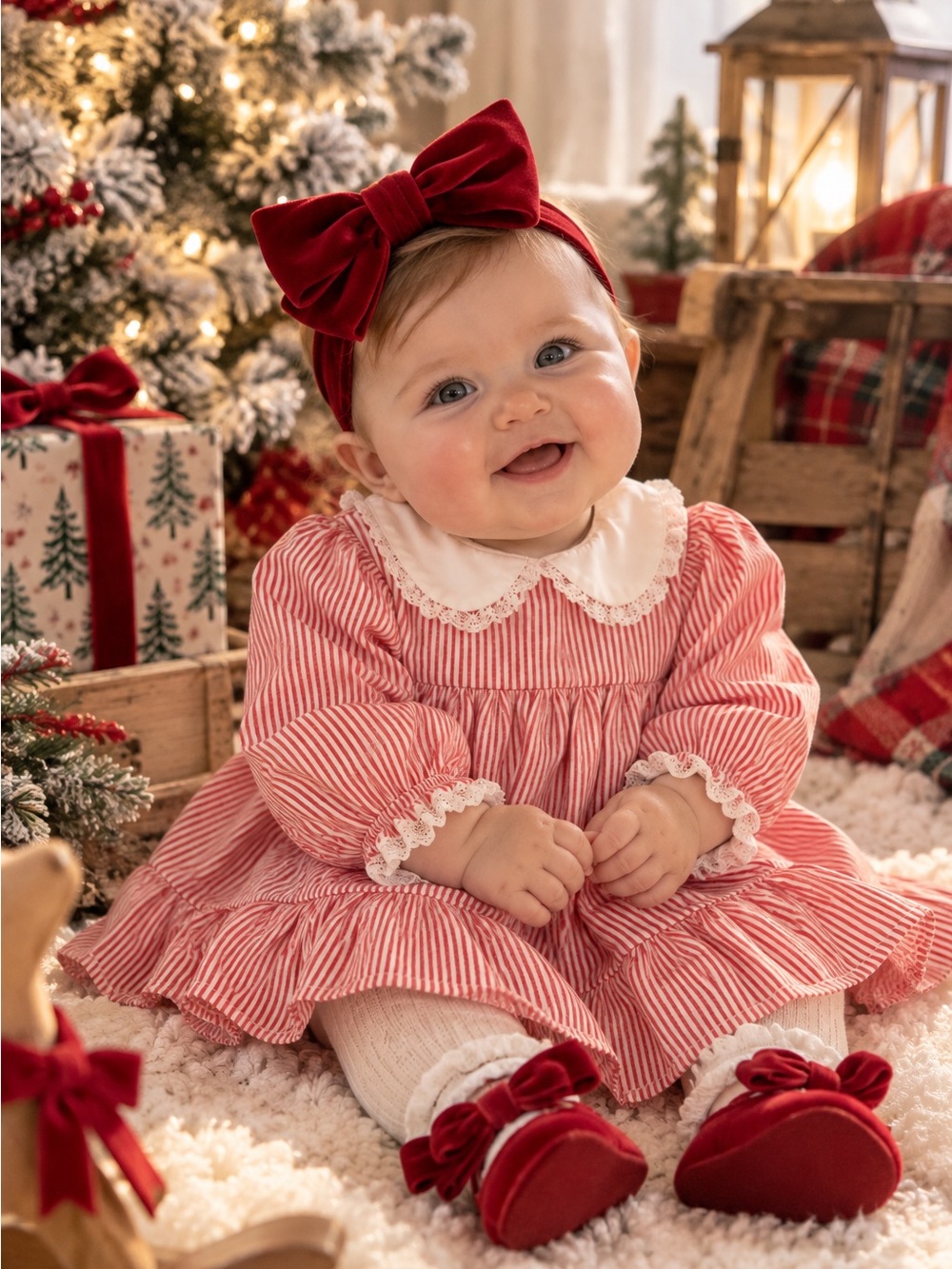 Bryan Red White Striped Lace Trim Dress Size 6-9 Months